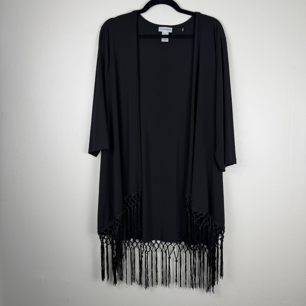 Catherines Cardigan Sweater Women's 1X 18/20 Black 3/4 Sleeve Fringed Hem Career